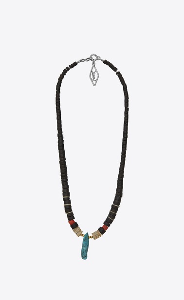 tribal necklace in wood, mother-of-pearl, gorgonian coral, turquoise and silver-toned brass